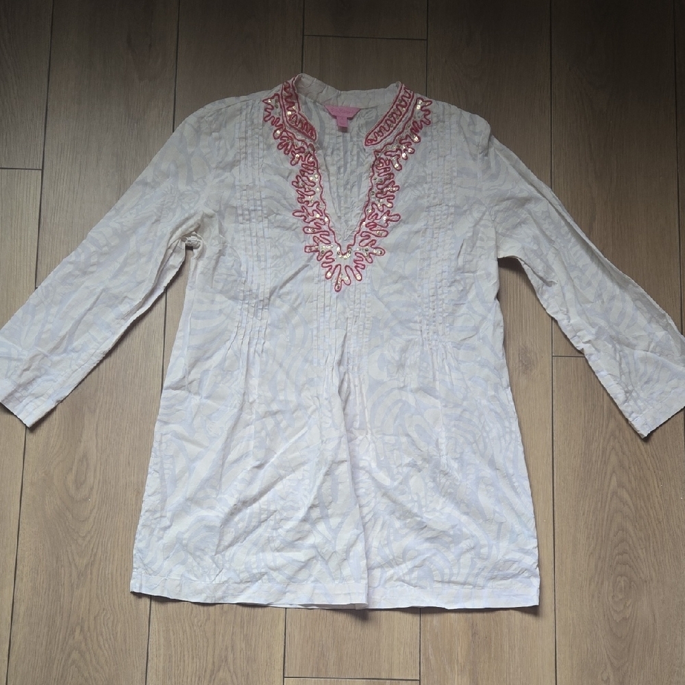 Lilly Pulitzer Sarasota Tunika Top Resort White 'I'm Game' Print Sz M